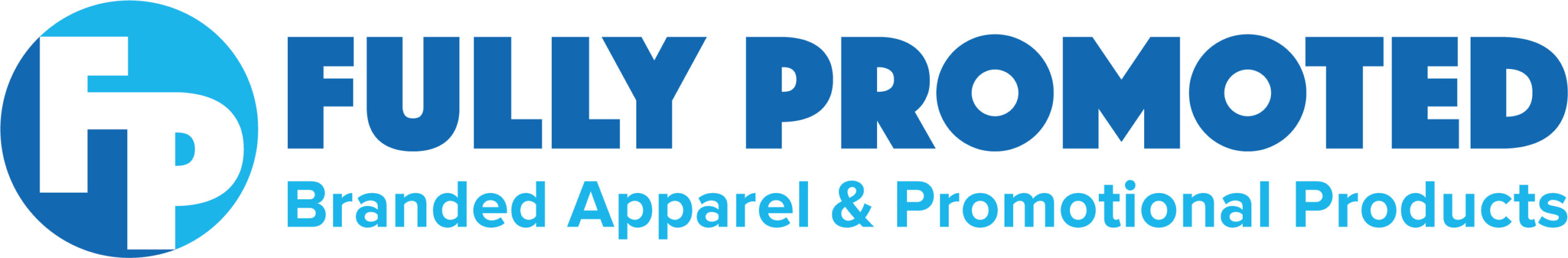 Fully Promoted logo with the text "Branded Apparel & Promotional Products" in blue letters. Circular graphic on left features stylized letters "F" and "P".