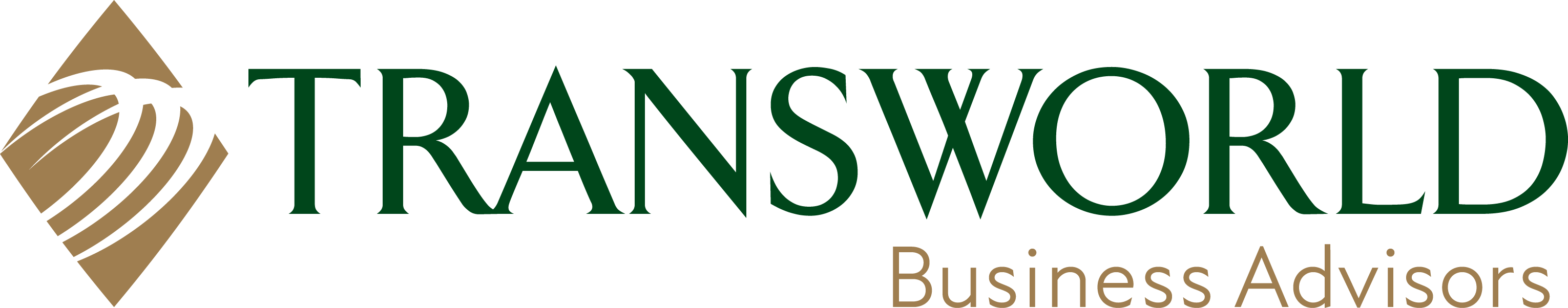 Transworld Business Advisors logo with green text and an abstract gold and brown globe icon.