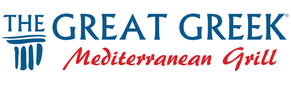 The Great Greek Mediterranean Grill logo with blue and red text and an illustration of a Greek column.